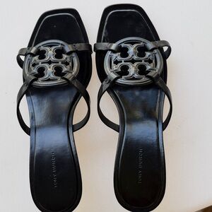 Tory Burch Black Logo Round-Emblem Leather Slide Mules